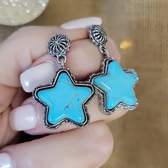 TURQUOISE STAR CONCHO DROP EARRINGS - Picture 3 of 8